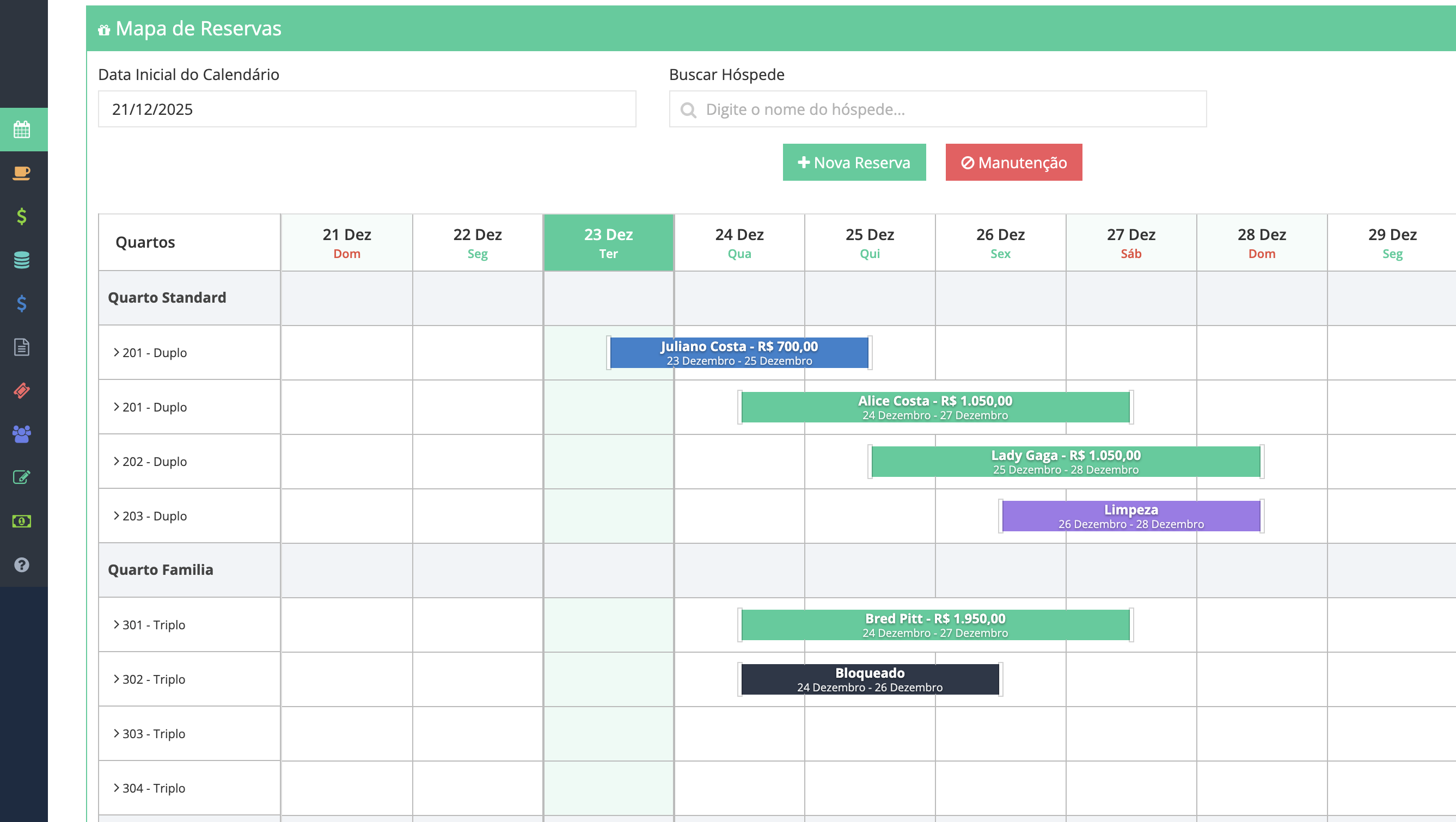 Tela do sistema FlowBeds mostrando o mapa de reservas com calendário visual de ocupação hoteleira